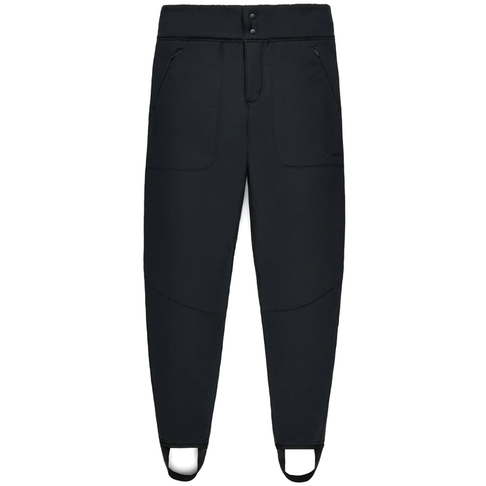 Simms Strata 330 Midlayer Bottom - Women's in black, featuring a tailored fit with front pockets, dual snap closure, and integrated foot straps for secure wear during outdoor fishing activities.