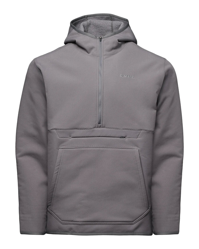 Simms Strata 330 Midlayer Half-Zip Hoody - Men's gray hooded pullover with half-zip front kangaroo pocket and long sleeves shown on a white background