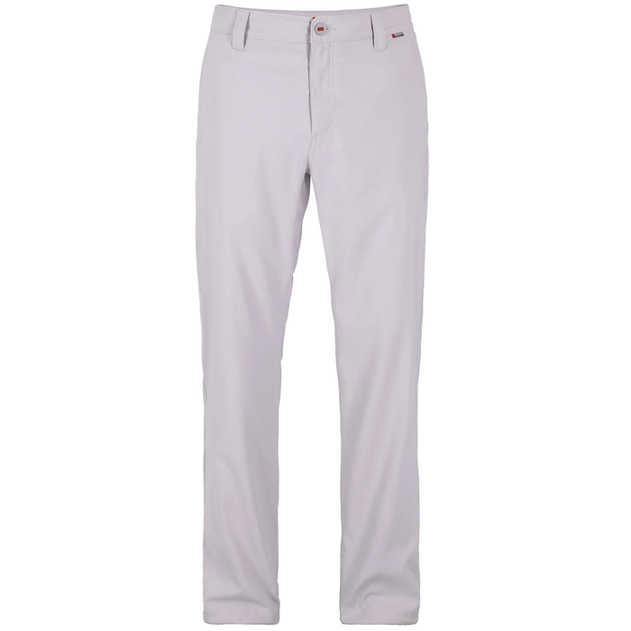 Simms Superlight Pants (NEW 2026) displayed in light grey, featuring a slim fit design, belt loops, front button closure, and tailored for fishing and outdoor activities.