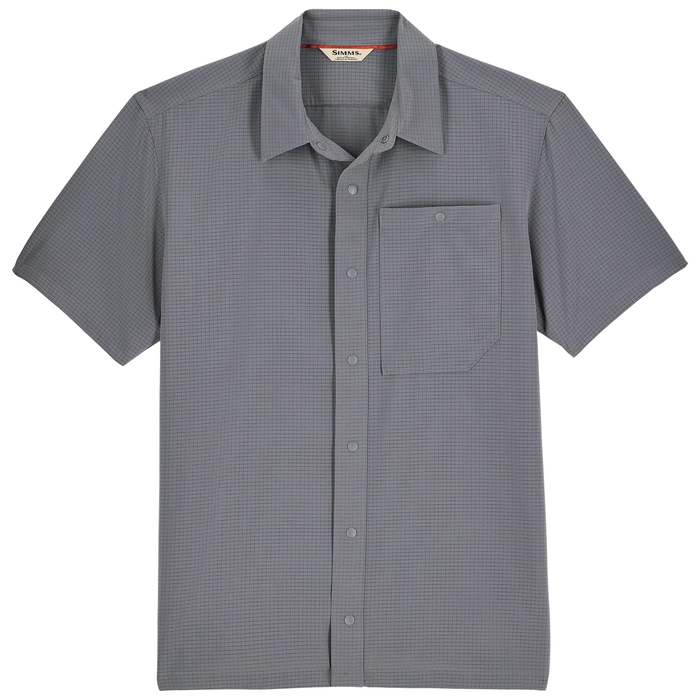 Simms Tailout Air SS Shirt - Men's, short-sleeve gray fishing shirt with a button-up front and a single chest pocket featuring a button closure, designed for comfort and breathability.