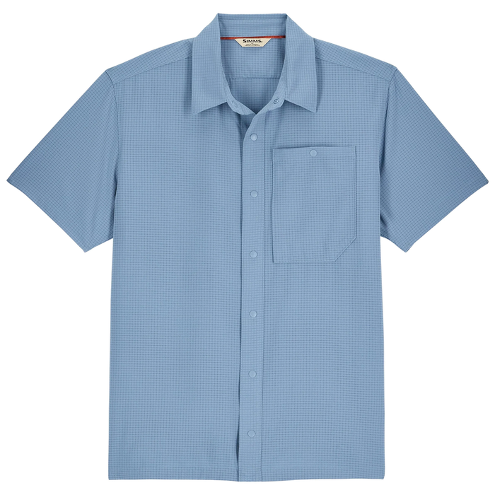 Simms Tailout Air SS Shirt - Men's in light blue with short sleeves, button-front closure, and a chest pocket, designed for comfort during fishing and outdoor activities.