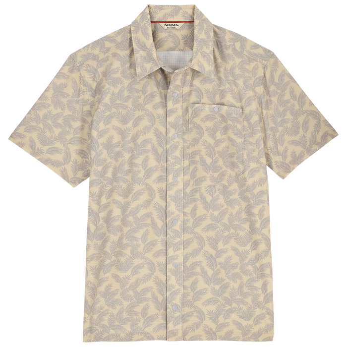 Simms Tailout Air SS Shirt - Men's, short-sleeve button-up shirt with a subtle light beige and gray leaf pattern, designed for comfort during fishing activities.