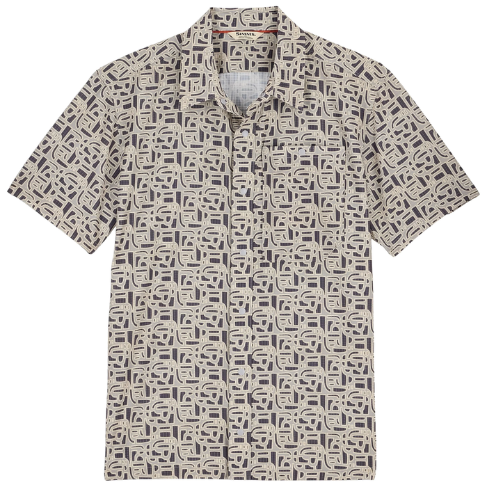 Simms Tailout Air SS Shirt - Men's featuring a short-sleeve, button-up design with a beige base and abstract dark gray geometric pattern, made for fishing and outdoor use.