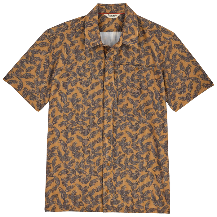 Simms Tailout Air SS Shirt - Men's, a short-sleeve button-up shirt featuring a brown base with dark leaf patterns, designed for comfort and style during fishing and outdoor activities.