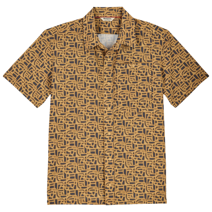 Simms Tailout Air SS Shirt - Men's features short sleeves and a breathable fabric with an abstract geometric pattern in mustard yellow and black, designed for comfortable wear during fishing activities.