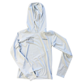 Simms Thorne Bros. Logo Kids Tech Hoody in light gray featuring long sleeves, a hood, and printed logos on the chest and sleeve, designed for comfort and protection during fishing activities.