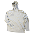 Light gray Simms Thorne Bros. Logo M's SolarFlex Hoody with long sleeves and hood, lightweight fabric designed for fishing and outdoor activities, featuring logos on chest and shoulder.