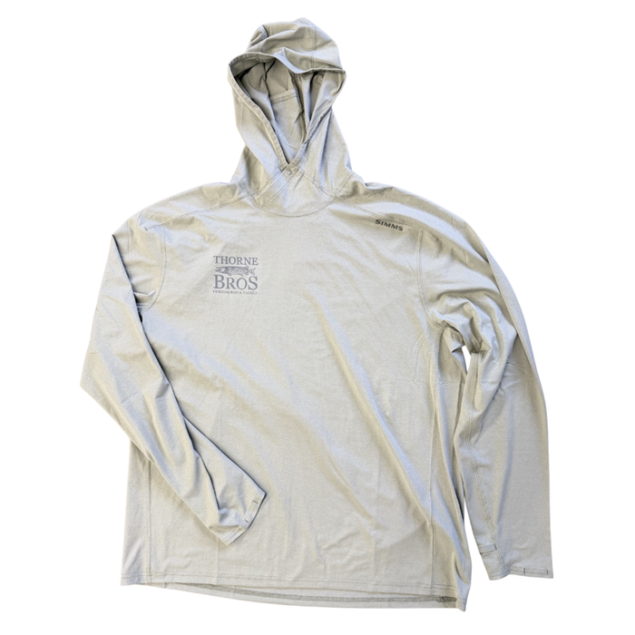Light gray Simms Thorne Bros. Logo M's SolarFlex Hoody with long sleeves and hood, lightweight fabric designed for fishing and outdoor activities, featuring logos on chest and shoulder.