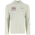 Light gray long-sleeve hooded shirt featuring the Simms Thorne Bros. Logo Tech Hoody Artist Series with Thorne Bros. logo and custom rod and tackle graphic on the chest.