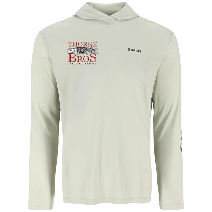 Light gray long-sleeve hooded shirt featuring the Simms Thorne Bros. Logo Tech Hoody Artist Series with Thorne Bros. logo and custom rod and tackle graphic on the chest.