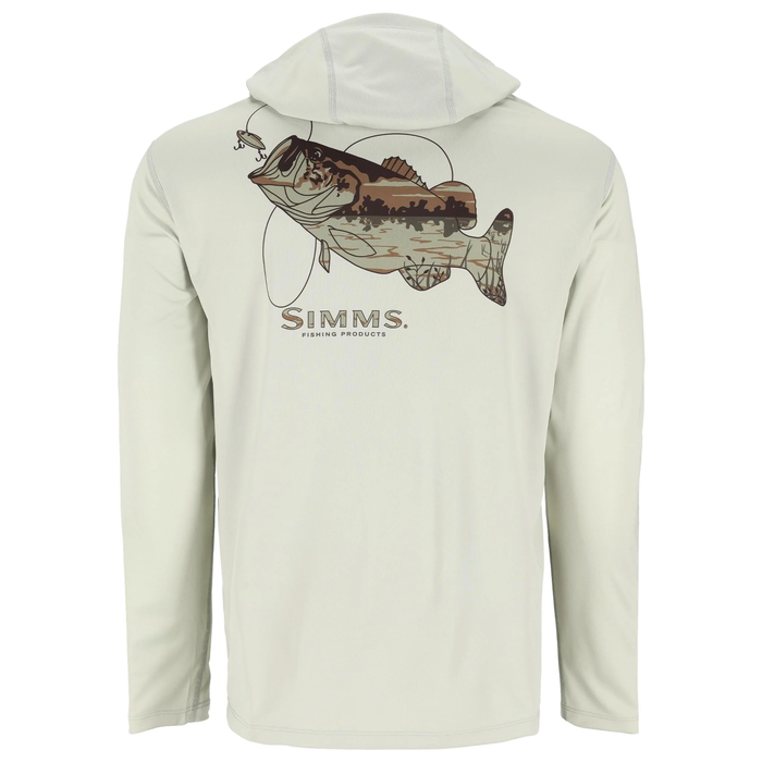 Simms Thorne Bros. Logo Tech Hoody Artist Series in light color, featuring a detailed fish graphic and Simms logo on the back, designed for fishing enthusiasts.