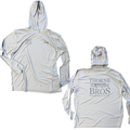 Simms Thorne Bros. Logo W's SolarFlex Hoody in light gray featuring a hood, long sleeves, and printed Thorne Bros logo with fish graphic on the back, designed for fishing enthusiasts.