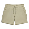 Simms Wanaka Water Short - Men's in tan color, featuring an elastic waistband with drawstring, side pockets, and a lightweight, quick-dry fabric designed for fishing and outdoor activities.