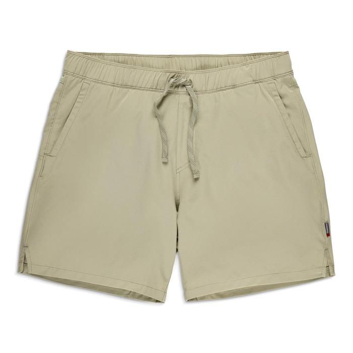 Simms Wanaka Water Short - Men's in tan color, featuring an elastic waistband with drawstring, side pockets, and a lightweight, quick-dry fabric designed for fishing and outdoor activities.