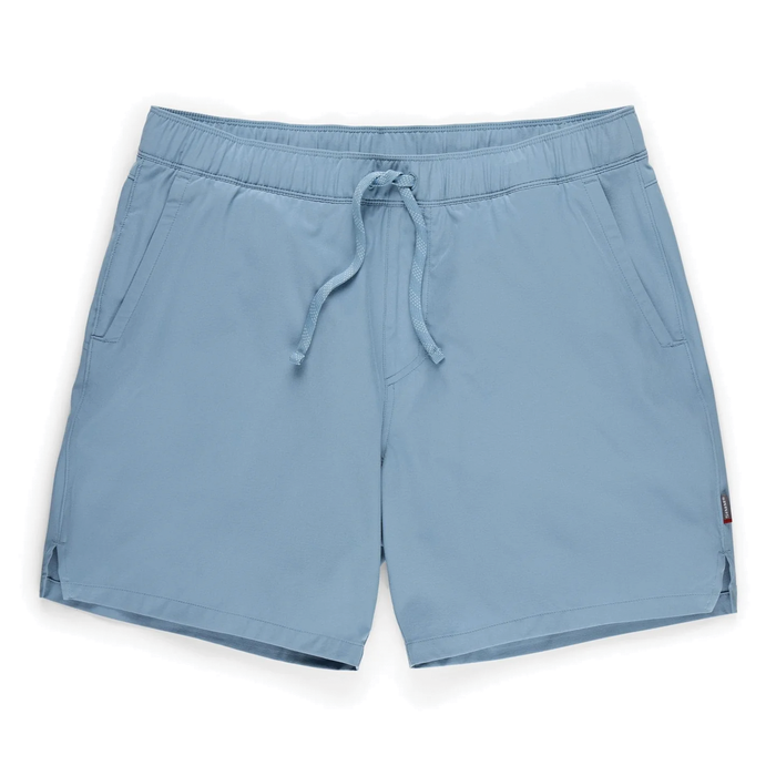 Simms Wanaka Water Short - Men's in light blue with elastic waistband, front pockets, and adjustable drawstring, designed for comfort and durability during fishing activities.