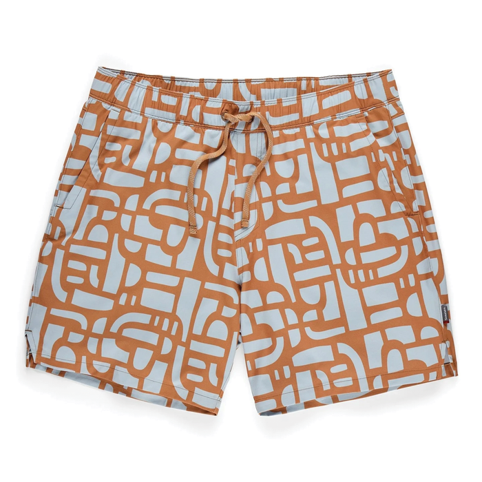 Simms Wanaka Water Short - Men's featuring an elastic waistband with adjustable drawstring, side pockets, and a stylish geometric pattern in tan and light blue, designed for comfort and water activities.