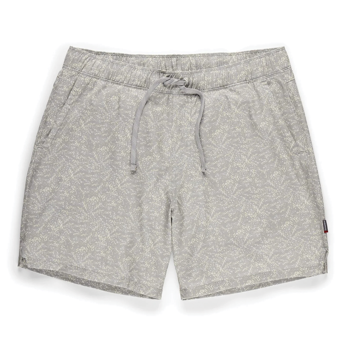 Simms Wanaka Water Short - Men's in light gray with subtle leaf pattern, featuring an adjustable drawstring waist and side pockets, designed for comfort during fishing activities.