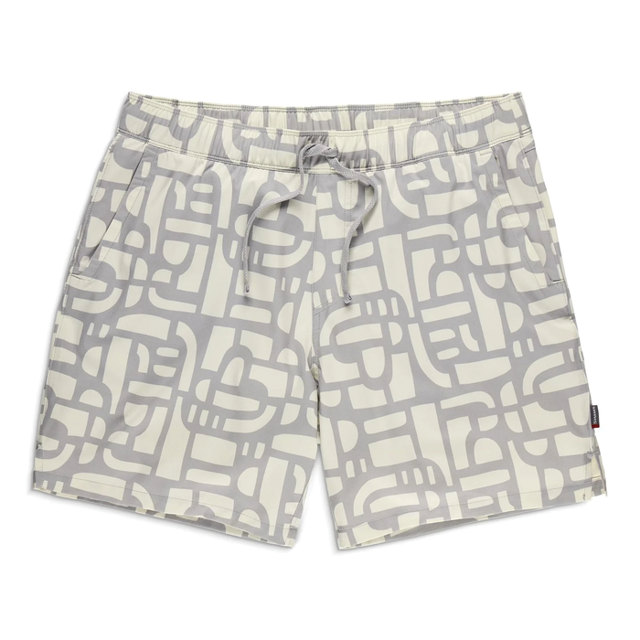 Simms Wanaka Water Short - Men's in light beige with an abstract gray pattern, featuring an adjustable drawstring waist and side pockets for comfortable fishing or outdoor use.
