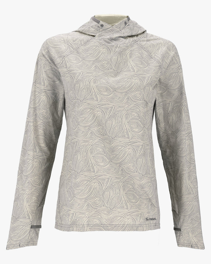 Simms Women's SolarFlex Hoody in light gray with an all-over subtle swirling pattern, featuring long sleeves, thumb holes, and a fitted hood for sun protection.