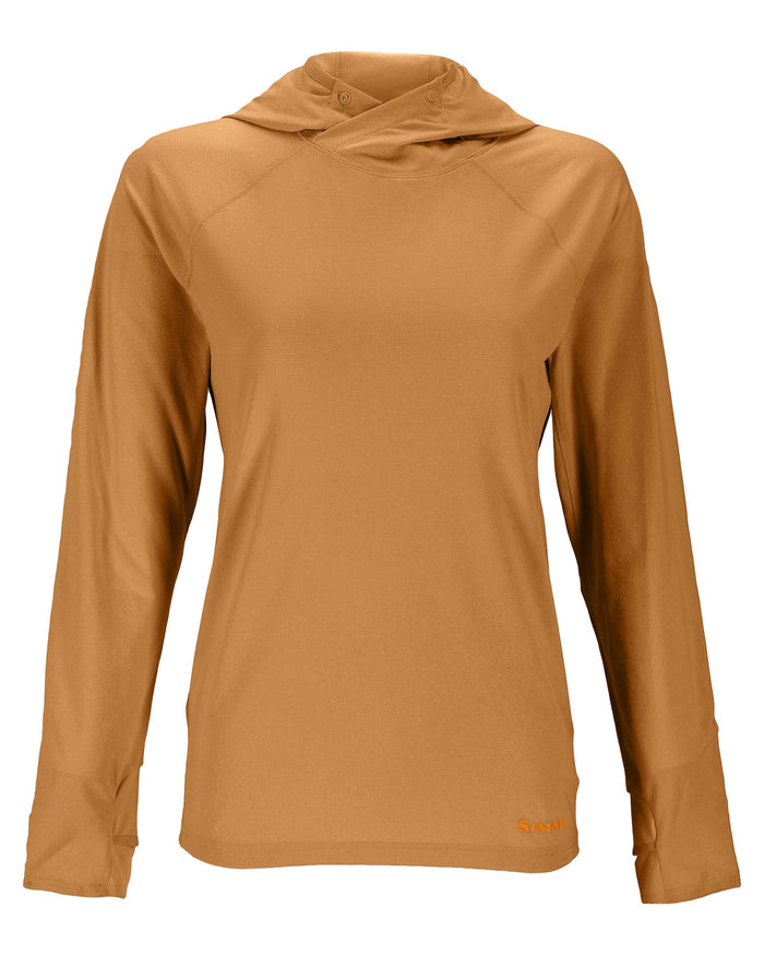 Simms Women's SolarFlex Hoody in tan color features long sleeves with thumbholes, a lightweight hood, and a slim fit designed for comfort and sun protection during fishing activities.