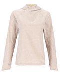 Simms Women's SolarFlex Hoody in light beige with subtle abstract swirl pattern, featuring long sleeves, thumb holes, and a fitted hood for sun protection and comfort.