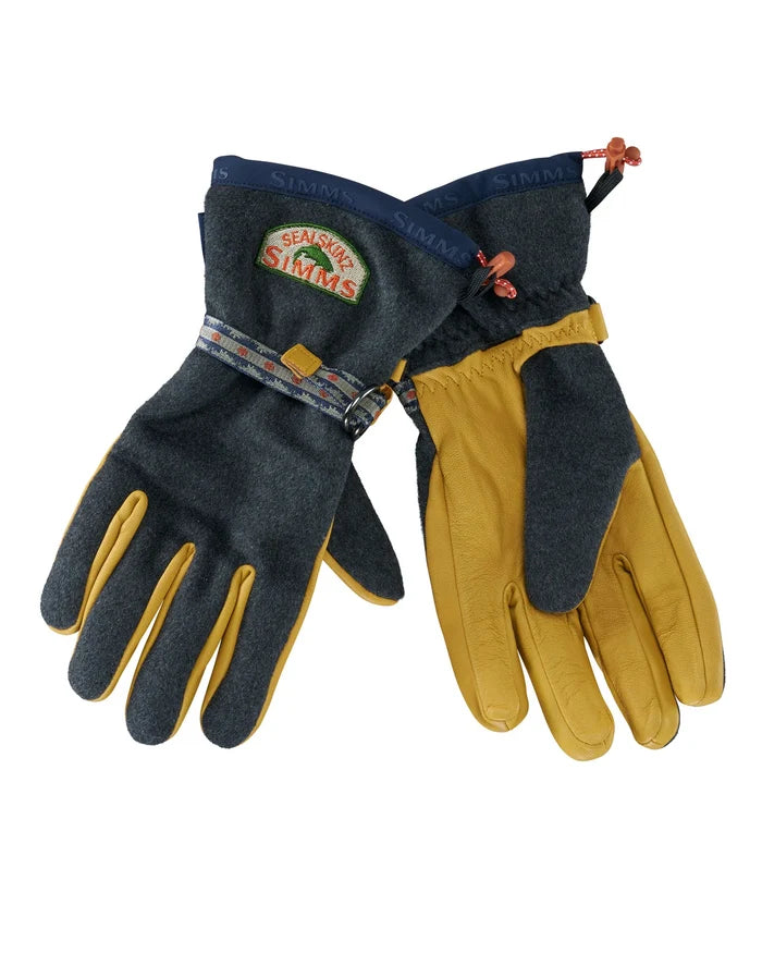 Simms X Sealskinz Baxter Glove with charcoal gray and tan leather design, featuring adjustable wrist straps and waterproof, insulated material for fishing and outdoor use.