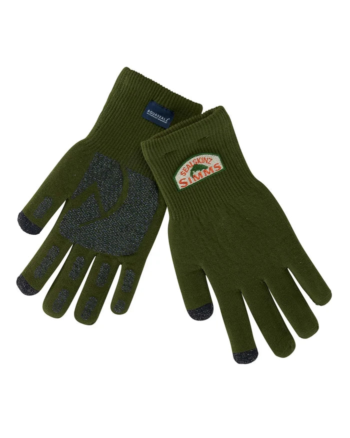 Pair of olive green Simms X Sealskinz Rangeley Waterproof Glove with textured grip pads on palm and fingertips, featuring brand logos on the back of each glove.