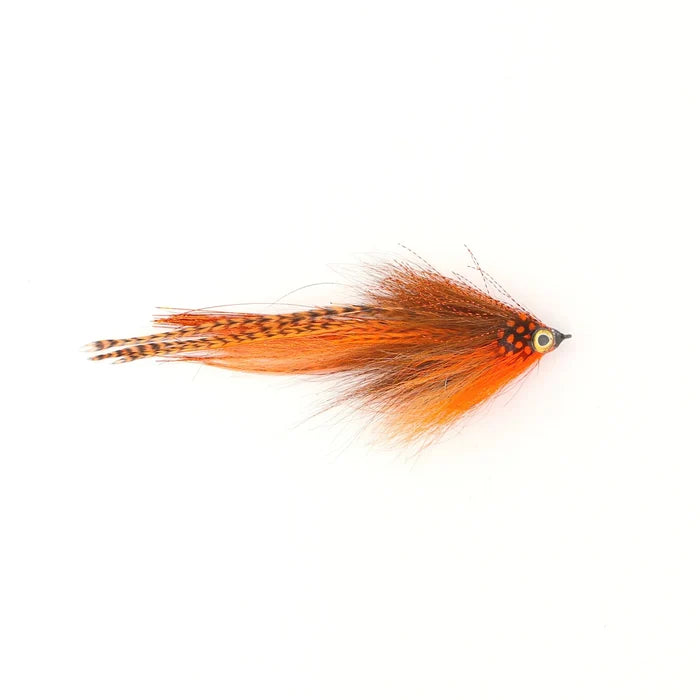 Single Minnow Urban Fly Co. fishing lure in orange and black with feather and synthetic fibers designed for fly fishing and musky fishing tackle.