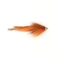 Single Minnow Urban Fly Co. fishing lure in orange and black with feather and synthetic fibers designed for fly fishing and musky fishing tackle.