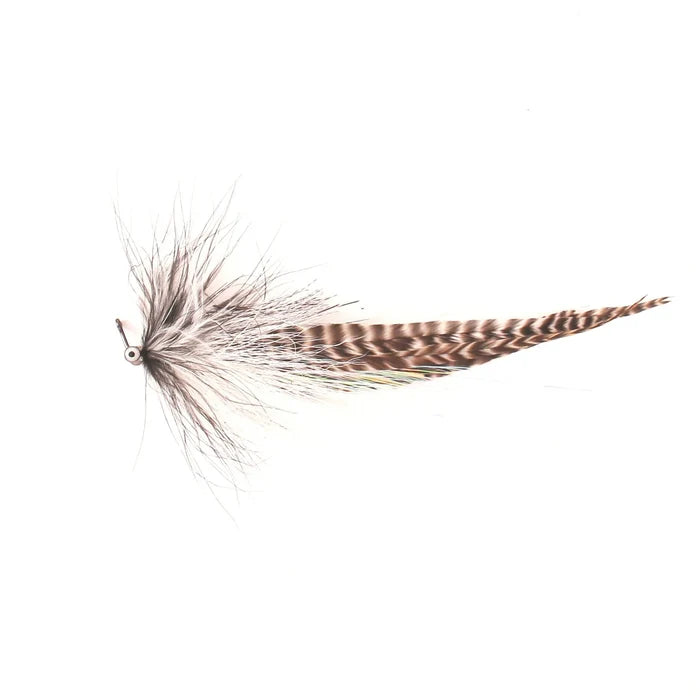 Single River Pig Urban Fly Co. fishing lure with detailed speckled and striped feathers in natural brown and white tones, designed for fly fishing tackle.