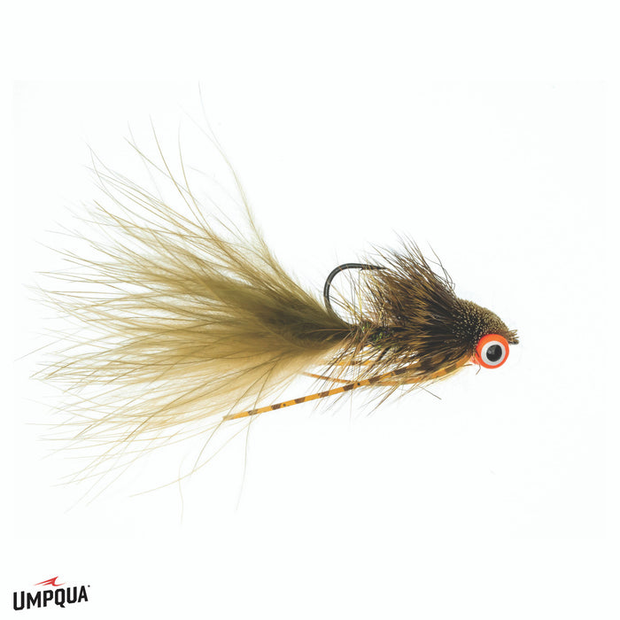 Slider Bugger #2 fishing lure featuring olive and ginger marabou feathers, a detailed body with natural tones, and an orange-eyed hook designed for musky fishing tackle.