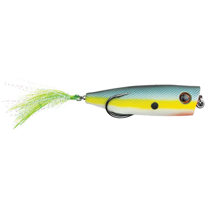 Snag Proof Zoo Pop fishing lure with a blue, yellow, and white body, featuring a single hook and green feather tail designed for musky fishing tackle.