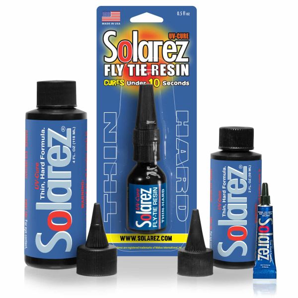Solarez Thin Hard Formula UV-cure fly tie resin bottles and tubes with labels showing quick curing under 10 seconds, designed for fishing tackle use.