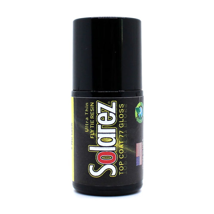 Solarez Top Coat 77 Gloss in a small black bottle with a label indicating ultra-thin fly resin, designed for protective coatings on fishing tackle.
