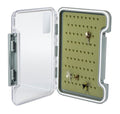 South Fork Silicone Slim Fly Box with clear hinged lid, olive green silicone foam insert securely holding several fly fishing lures for organized tackle storage.