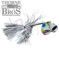 Spanky Baits Fireball 8" featuring multi-colored skirted fishing lure with two vibrant, patterned spinner blades designed for musky fishing and enhanced water attraction.
