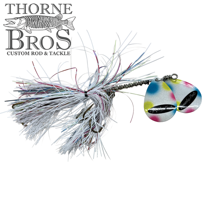 Spanky Baits Fireball 8" featuring multi-colored skirted fishing lure with two vibrant, patterned spinner blades designed for musky fishing and enhanced water attraction.