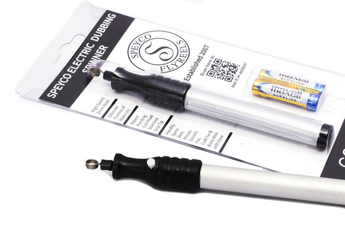 SpeyCo Electric Dubbing Spinner with compact handle and rotating spinner ring, shown with batteries and packaging for fly fishing tackle and lure preparation.