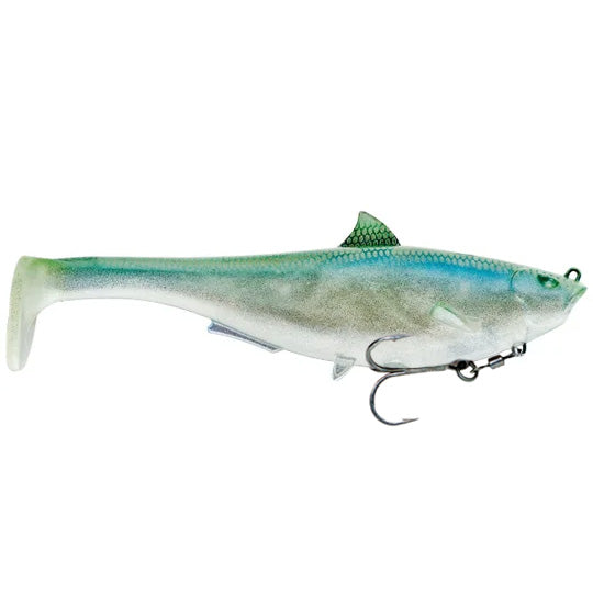 SPRO 6" Megalojohn Swimbait fishing lure in green and silver tones designed for realistic movement, featuring a soft body and dual hooks for effective fishing tackle use.