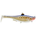 SPRO 6" Megalojohn Swimbait fishing lure with realistic fish pattern, blue and beige body, soft plastic tail, designed for effective movement in water.
