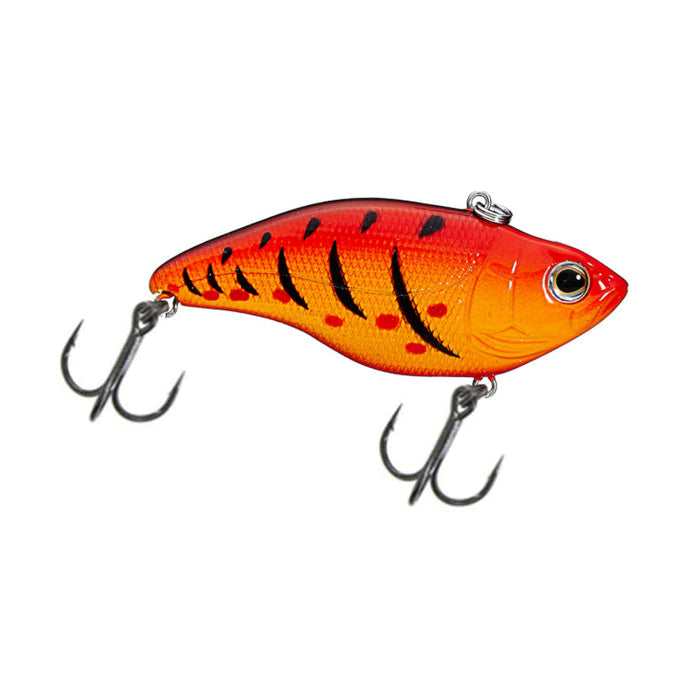 SPRO Aruku Shad Lipless Crankbait in bright orange with black stripes, featuring two sharp treble hooks, designed for effective fishing tackle use.