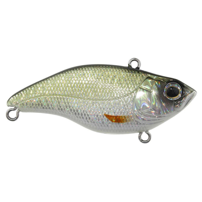 SPRO Aruku Shad Lipless Crankbait fishing lure with a shiny, silver and green scale pattern, realistic fish eye details, and three attachment points for fishing tackle.