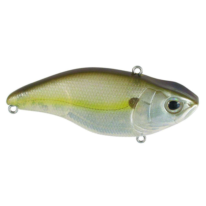 SPRO Aruku Shad Lipless Crankbait fishing lure with a realistic fish shape, translucent green and silver body, detailed scales, and three metal attachment loops for fishing tackle.