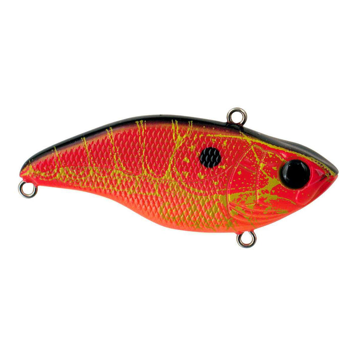 SPRO Aruku Shad Lipless Crankbait fishing lure in bright red and orange with detailed scale texture and black accents, designed for effective fishing tackle use.