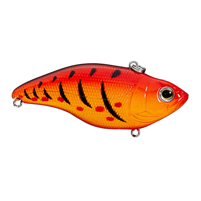 SPRO Aruku Shad Lipless Crankbait in vibrant red and orange with black stripes, designed as a detailed fishing lure for musky and other game fish.