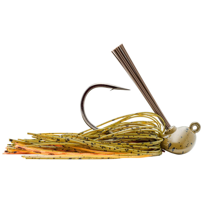 SPRO CJ Flip Jig fishing lure featuring a detailed hook, natural earth-tone skirt with speckled pattern, and weed guard, designed for effective freshwater fishing tackle.
