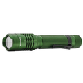 Green compact metal flashlight with textured grip, pocket clip, and LED bulb, designed for outdoor and fishing tackle use, named Spro Dura Tuff LED Flashlight.