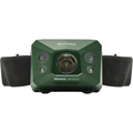 Spro LED & UV Head Lamp (w/Sensor) in green with adjustable black strap, featuring multiple LED lights and a central sensor for hands-free illumination during fishing or outdoor activities.