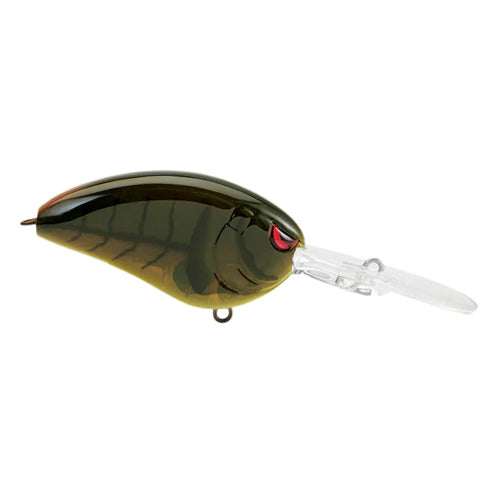 SPRO Little John Baby DD 60 Crankbait fishing lure in dark green with red eyes, featuring a clear plastic diving lip for deep water fishing and realistic scale detailing.