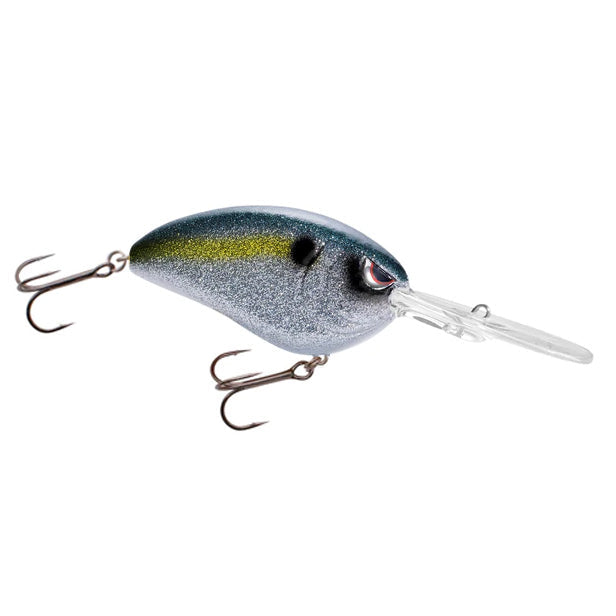 SPRO Little John DD 70 Crankbait fishing lure with a metallic blue and silver body, yellow stripe detail, red eye, and two treble hooks for effective fishing tackle use.